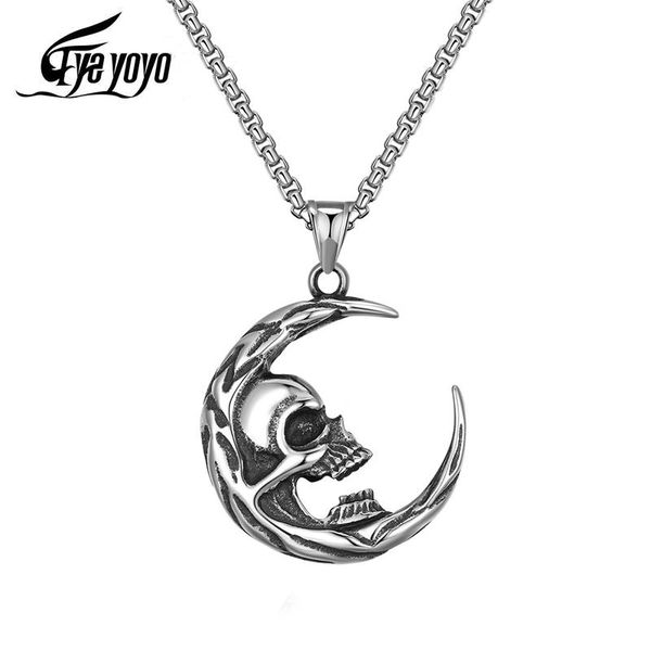 

pendant necklaces punk gothic style stainless steel jewelry wholesale assertive moon skull starry crescent necklace for men, Silver