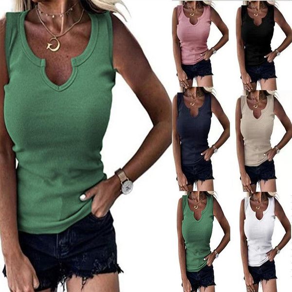 

spring women's sleeveless v-neck t-shirt solid color casual, White