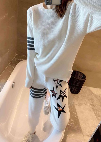 

wool 1321 korean loose waffle sweater fashion wool leggings printing set, Gray