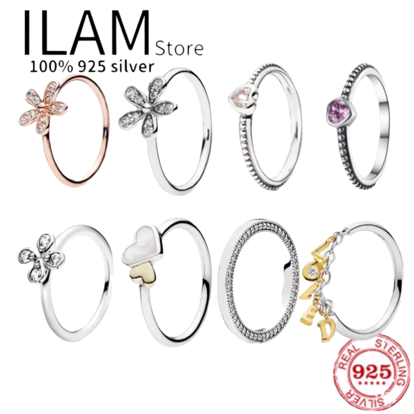 

cluster rings authentic 925 sterling silver princess tiara crown sparkling love heart pan for women engagement jewelry anniversary, Golden;silver