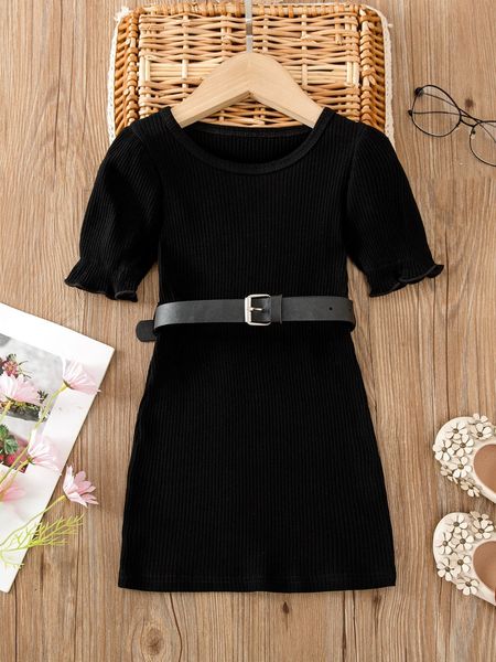 

toddler girls flounce sleeve rib-knit belted dress she, Red;yellow
