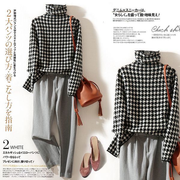 

women's sweaters houndstooth thicken warm turtleneck sweater of women autumn casual korean winter knitted bottomless harajuku jumper r9, White;black
