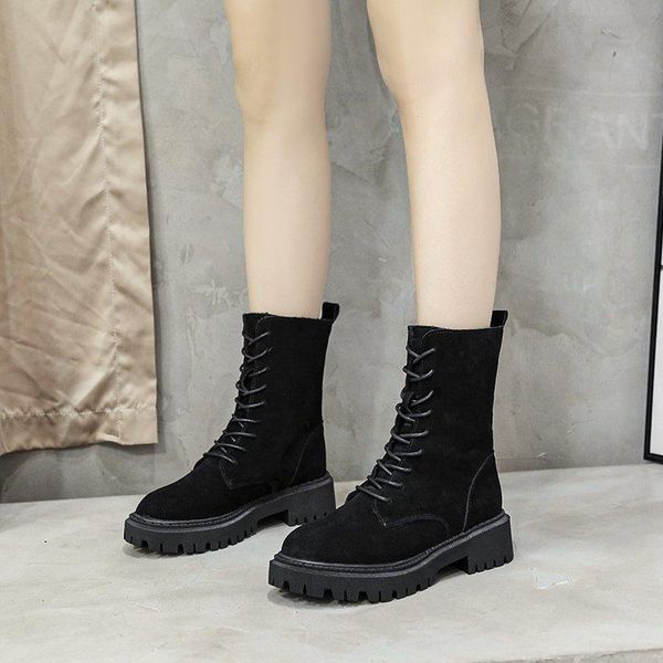 

boots solid color fashion round toe lace up ankle winter short plush keep warm women shoes zapatillas mujer 2021, Black