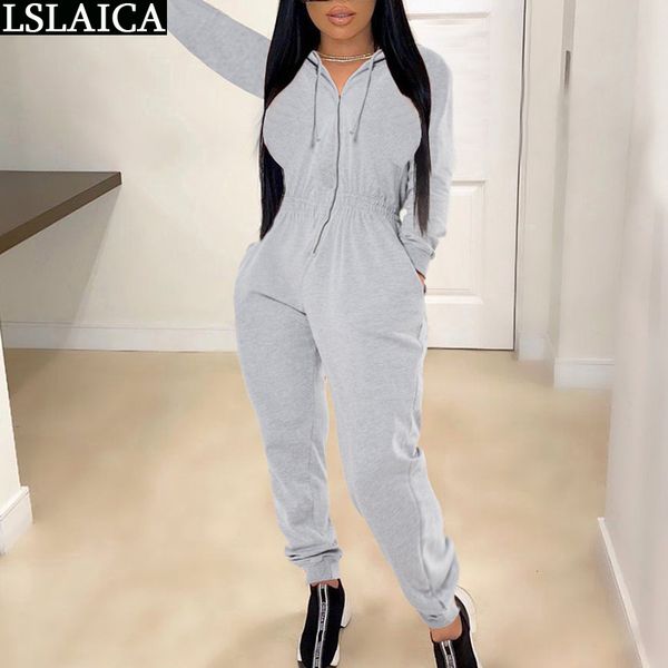 

plus size jumpsuit for women long sleeve zip hooded elastic waist playsuits and jumpsuits solid color fashion knit romper 210520, Black;white