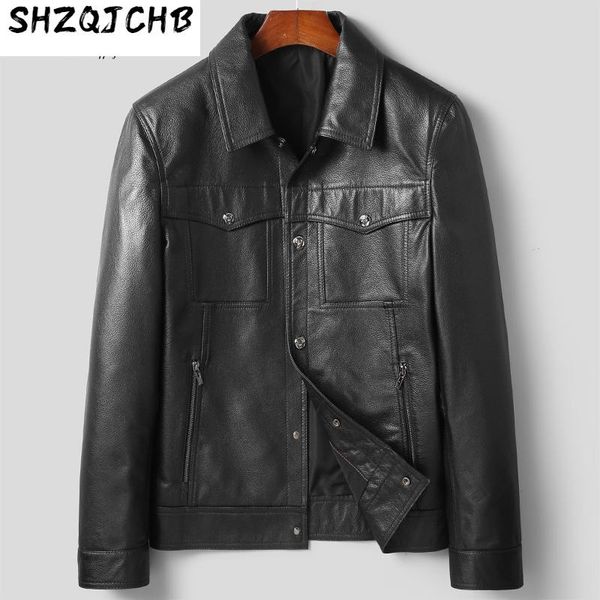

men's leather & faux shzq 2021 short pure layer cowhide lapel business jacket thin coat autumn, Black