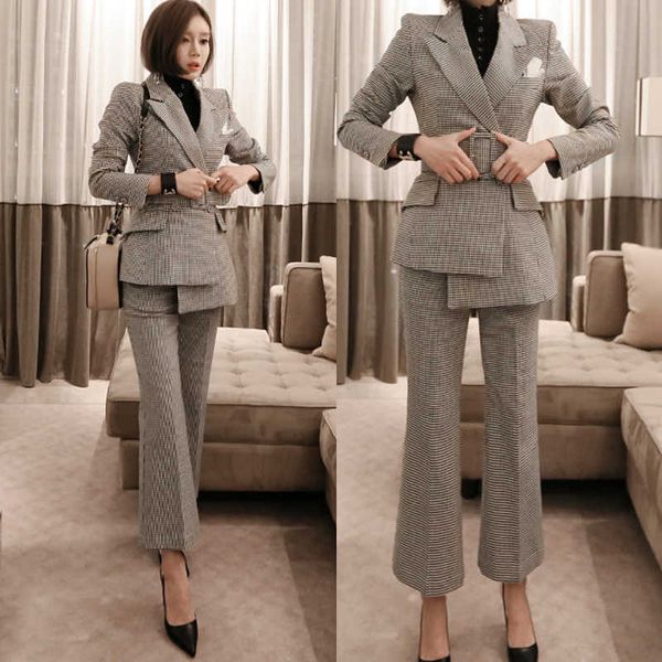 As mulheres se adapte à manga longa de outono faixas xadrez blazers calças escritório senhora forma formal roupas roupas set 210529