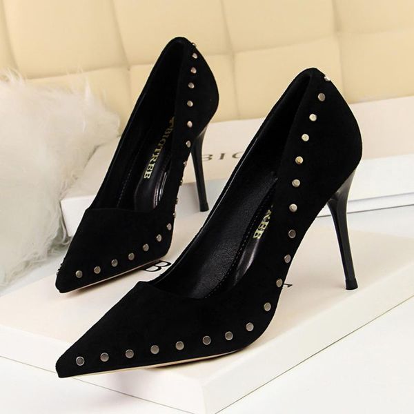 

dress shoes vintage women's fine high-heeled suede shallow mouth tip slimming club rivet red bottom high heels gold, Black