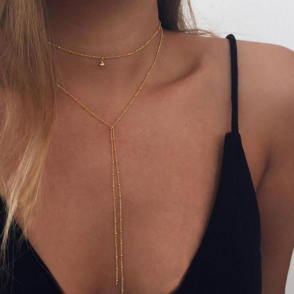2021 Simples ouro prata cor cadeia gargantilha colar longo beads tassel chocker colares para mulheres colarinho collier Ras du cou