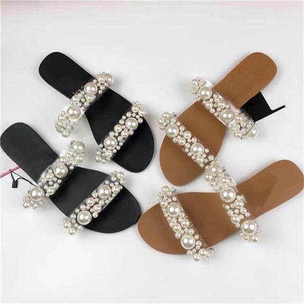 

sandals summer women design brand clear pvc slippers fashion open toes pearl beach flat heel casual flip flops ladies shoes, Black