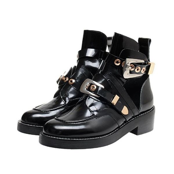 

boots england style punk ankle women belt buckle real leather biker retro ladies white height increase hollow sandals boot, Black