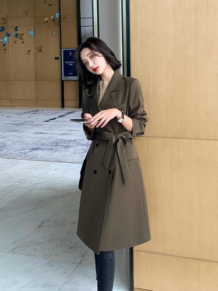 

women's trench coats windbreaker long small 2021 autumn korean loose temperament high end atmospheric spring and coat, Tan;black