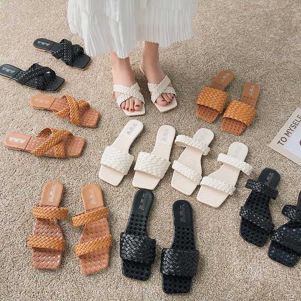 

flat heels weave leather slippers women summer beach casual white black slides woman brand design sandals flip flops 2021