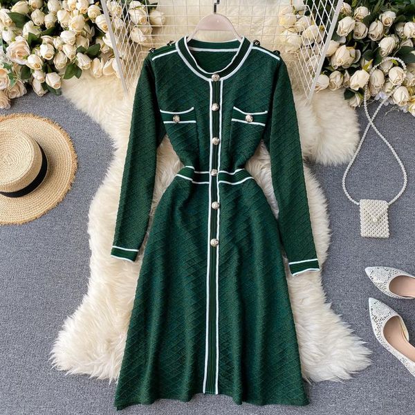 

fragrant wind, light luxury dress, ladies temperament, buttoned waist, thin, retro bright silk knitted dress dresses casual, Black;gray