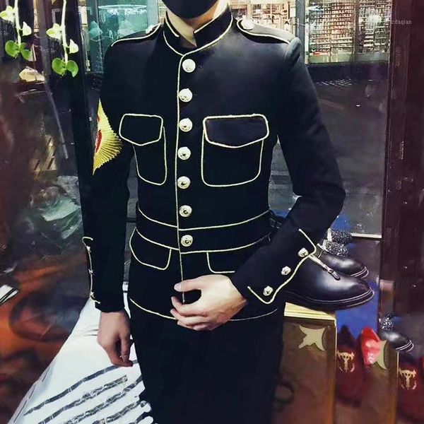 

men's suits & blazers spring and autumn zhongshan suit stand collar small man embroidery badge gold edge net infrared cover, White;black