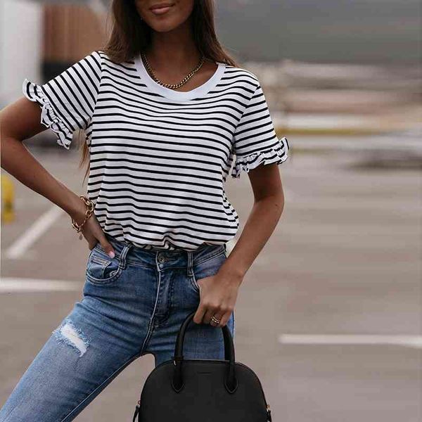 

women's knits & tees 2021 summer new short-sleeved t-shirt round neck lotus sleeve sports leisure daily comfortable loose 8wi, White