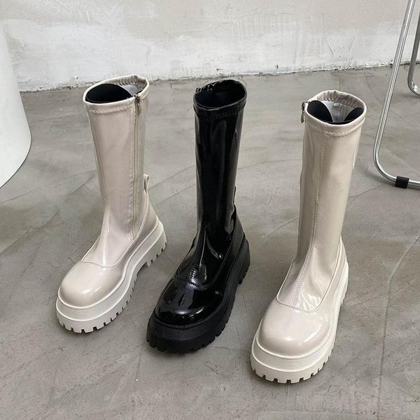 

boots rock shoes woman round toe lady flat heel boots-women zipper clogs platform rubber med autumn 2021 over-the-knee lolita co, Black