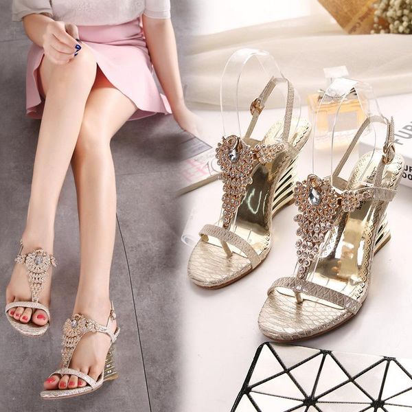 

ankle wrap back strap high summer wedges heels sandals crystal women shoes solid button platform, Black