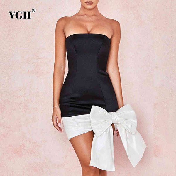 

hit color patchwork bowknot dress for women slash neck sleeveless high waist mini bodycon dresses female fashion 210507, Black;gray