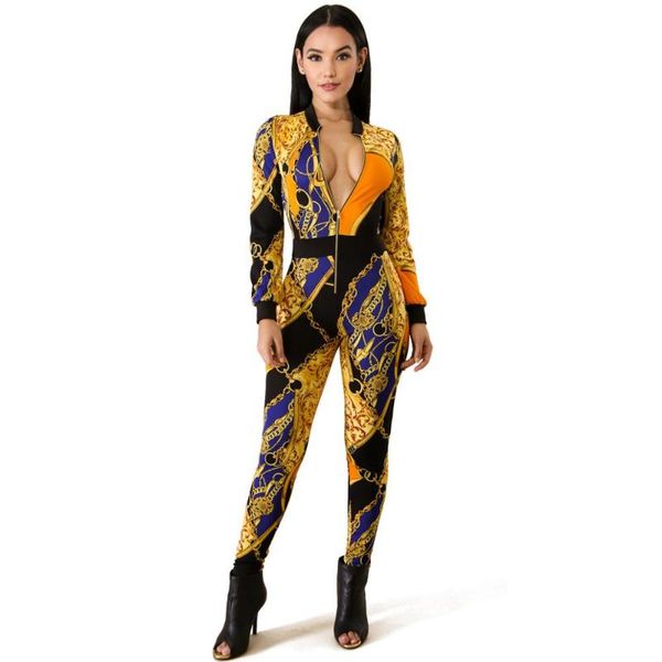

women's jumpsuits & rompers arrival women mid-waist knit long female gold chain print sleeve jumpsuit pantalones siameses, Black;white