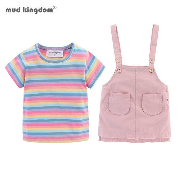 Mudkingdom Summer Idddler Девушки наряды Радуга полоса Tee и Chino Jumper юбка для детей для девочки милая одежда костюм розовый 210615