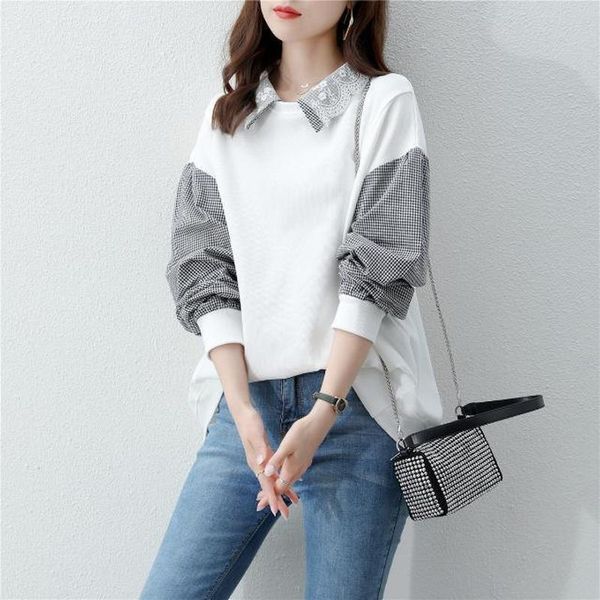 

women's blouses & shirts women blouse pullover turn-down collar full sleeve plaid patchwork drop shoulder loose party casual clothing, White
