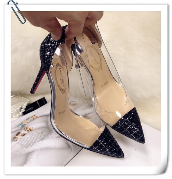 

transparent pointed shoes women's thin heel color matching sequin high heels single crystal dress, Black