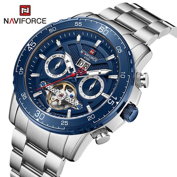

wristwatches naviforce men mechanical watch 100m waterproof full steel wristwatch date week month display man luxury watches reloj hombre, Slivery;brown