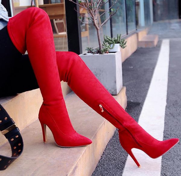 

boots over knee high women shoes booties thin heels leather woman vintage shoe chaussures femme zapatos mujer sapato sf1195, Black