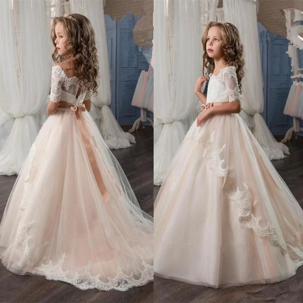 

girl's dresses elegant flower girl dress champagne half sleeve lace applique first communion party princess pageant, Red;yellow