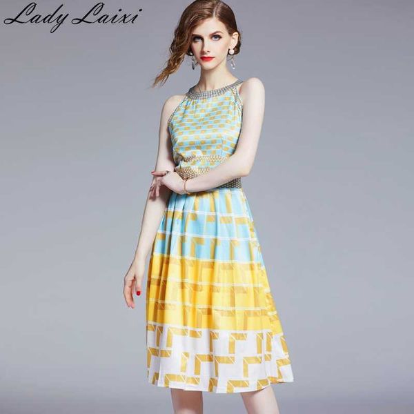 

summer runway fashion sleeveless geometry print dress women slim holiday dresses vestidos 210529, Black;gray