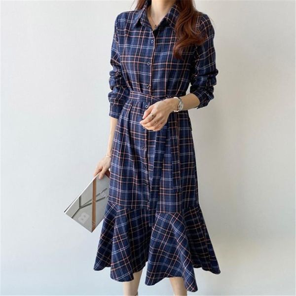 

casual dresses plaid cotton mermaid long dress women 2021 elegant lady singe-breasted sashes autumn chic retro vestidos sleeve, Black;gray