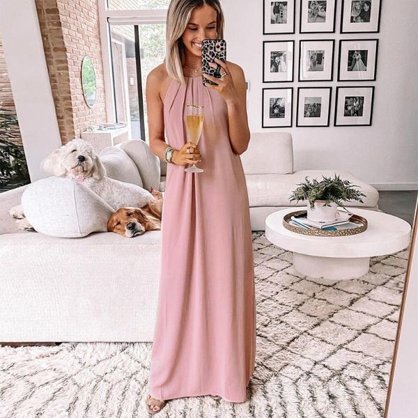 

casual dresses urban leisure women's dress summer with halter strap solid sleeveless loose long women maxi for, Black;gray