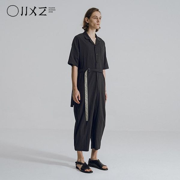 

[huanxiangzhe] 2021 fashion men overalls wide leg jumpsuit casual rompers janpanese style streetwear men's pants, Black
