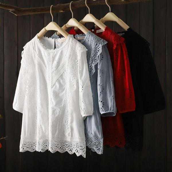 

women's blouses & shirts elegant lace embroidery jacquard blouse women fashion sweet o neck half sleeve floral spliced loose clothes fe, White