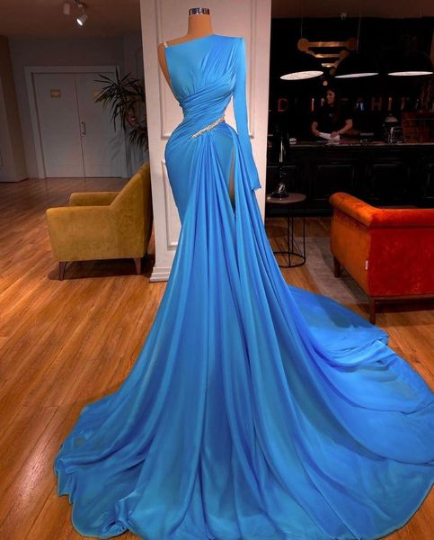 Королевские голубые бисеры русалка выпускные платья на плече с длинным рукавом в спине вечернее платье Дубай арабский формальный коктейль платья
