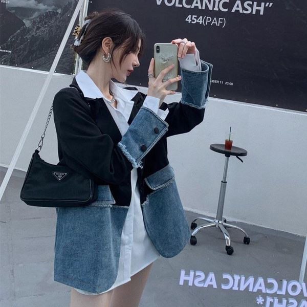 

women's suits & blazers designed vintage patchwork jeans women suit jacket loose streetwear buttons blazer fashion female black coat s, White;black