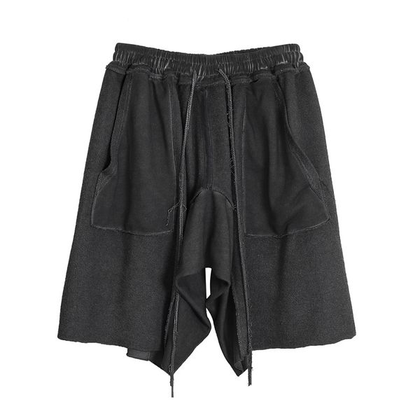 

high street wash make old terry stitching shorts men's trendy hip hop loose sports capris, Black