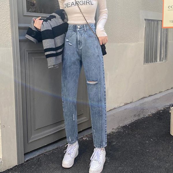 

women's jeans tongsihai women high waist straight harem pants ladies girls students loose double breasted cotton denim ripped, Blue