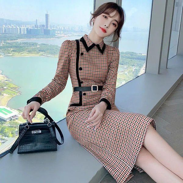 

casual dresses 2021 spring autumn woman patchwork plaid a-line midi female vintage office dress square collar with belt vestidos h12, Black;gray