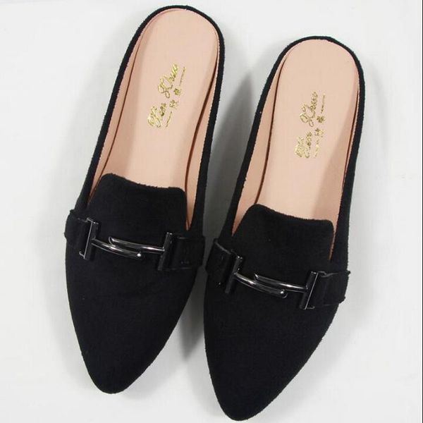 

slippers 2021 summer autumn pointed toe flat woman slip on half shoes loafers mules flip flops plus size 31-44, Black