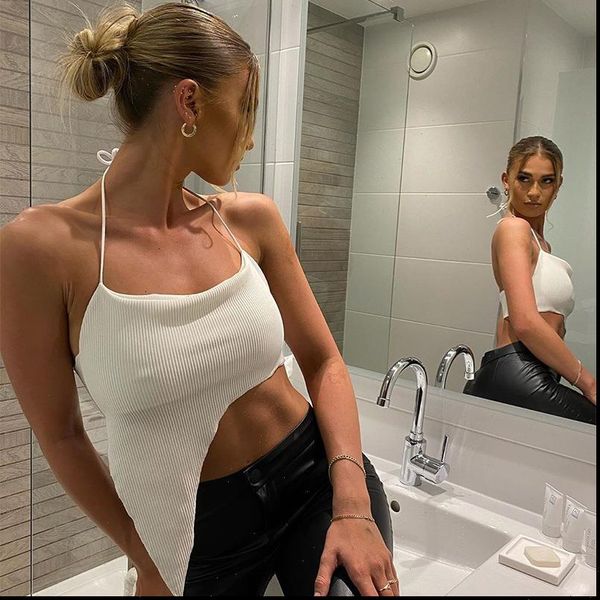 

women tanks female white halter crop irregular hem backless cami y2k girl sleeveless streetwear clothes summer