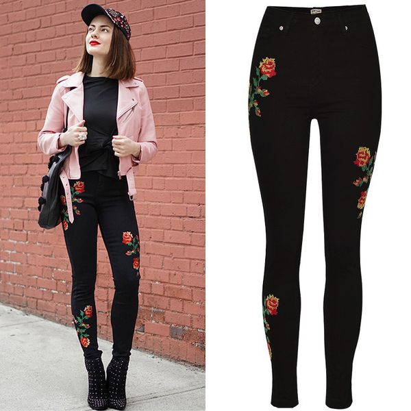 

jean women with high waist stretch thin pink-embroidered jeans flower vintage spot pencil denim streetwear xs elastic pants, Blue