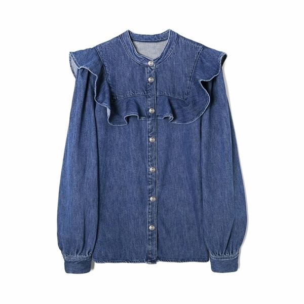 

new spring women ruffle decoration denim shirt femme stand collar long sleeve blouse casual lady loose blusas s8096 210323, White