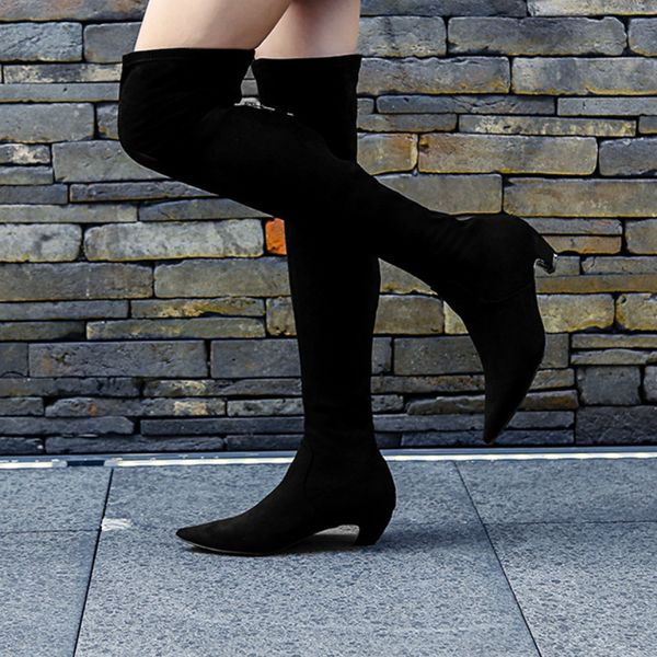 

2021 Autumn Winter New Woman Boots Over The Knee Boots Suede Stretch Womens Boots Pointed Toe Long Tube, Black