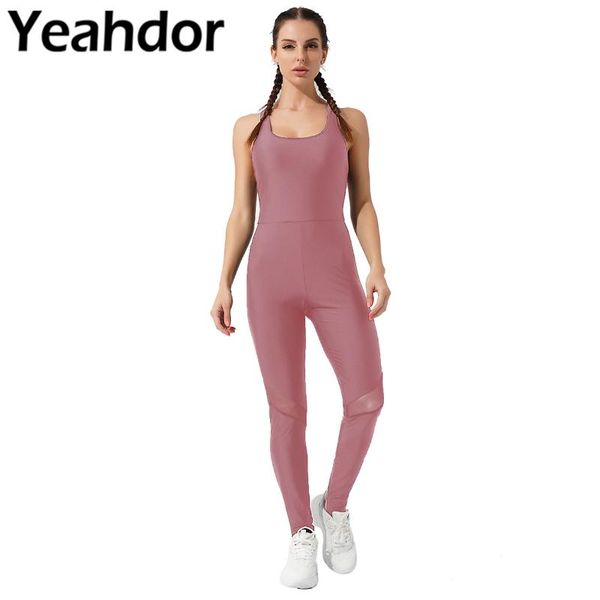 

stage wear women sportwear open back removable pads high waist mesh patchwork pants jumpsuit bodysuit for running gym yoga workout dance, Black;red