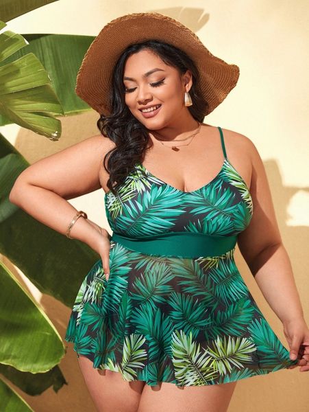 

plus tropical print contrast mesh bikini swimsuit v98a#, Black