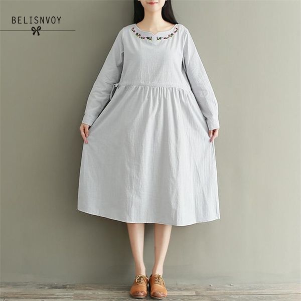 

mori girl spring autumn women sweet dresses cotton linen embroidery femininos vestidos long sleeve elegant vintage midi dress 210520, Black;gray