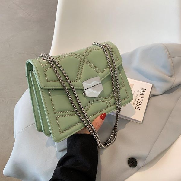 

rivet desiger pu leather crossbody bags for women 2021 trendy handbag chain shoulder messenger small square bag evening