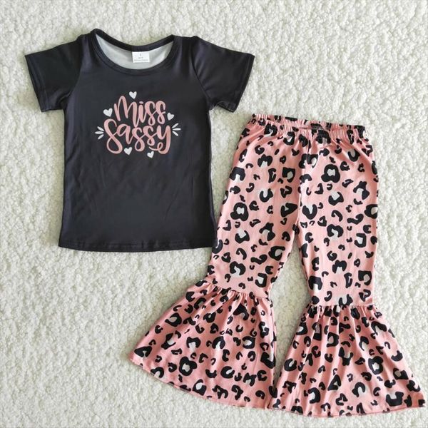 

spring fall baby girl wholesale clothing sassy milk silk black shirt pink leopard bell bottom pants, White