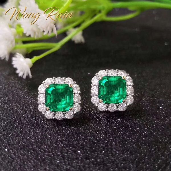 

wong rain vintage 100% 925 sterling silver emerald gemstone diamonds ear studs cocktail party earrings fine jewelry whole, Golden;silver